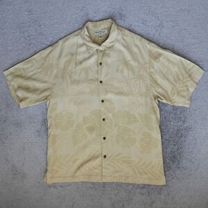 Tommy Bahama Shirt Men L Large Yellow Floral Silk Hawaiian Button Short Sleeve